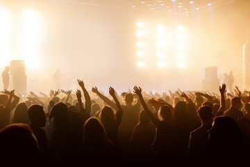 Silhouette of people with raised hands on concer. Crowd on music show.