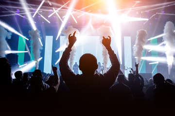 Man with raised hands enjoys a music show