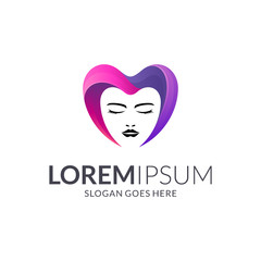 Love beauty logo design, logo vector of heart combined with woman face silhouette suitable for female lifestyle, cosmetics product, spa, fashion store, skin care, beauty clinic and facial surgery.