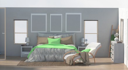 Scandinavian interior of living room concept, light   gray sofa on white wall,3d rendering