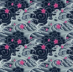 Fotobehang Japanese wave with sakura seamless pattern for textile, background, garments or wallpaper © prajoedi