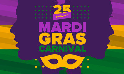 Mardi Gras Carnival in New Orleans. Fat Tuesday. Traditional holiday, celebration annual. Folk festival, costume masquerade, fun party. Carnival mask. Poster, card, banner and background. Vector illus