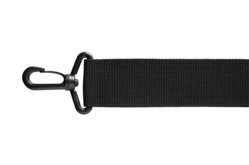Black belt rope strap lanyard, hanging plastic clasp snap latch hook carabiner, isolated macro closeup, horizontal - 321158229