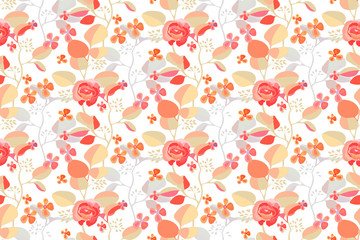 Art floral vector seamless pattern. Delicate pink and orange flowers, branches and leaves isolated on white background. Endless pattern for wallpaper, fabric, textile, digital paper, covers, notebook.