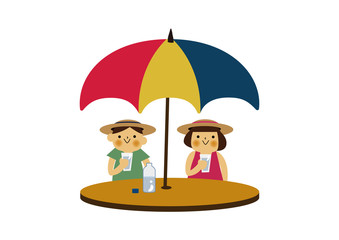 シーズン。夏のイラスト。 リゾートのクリップアート。 ビーチパラソルの下の子供たち。