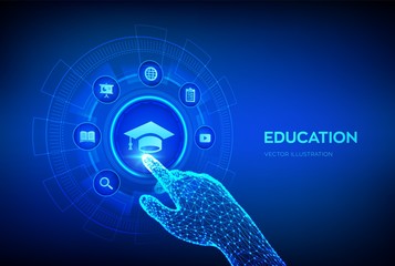 Education. Innovative online e-learning and internet technology concept. Webinar, knowledge, online training courses. Skill development. Robotic hand touching digital interface. Vector illustration.