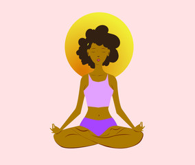 Black young woman, practicing yoga in the lotus pose. Healthy lifestyle and wellness concept. Flat cartoon vector illustration for meditation, recreation, Yoga Day. Isolated on light pink background