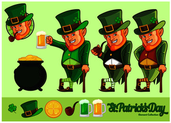 Leprechaun cartoon and element collection for St.Patrick's Day Celebration with optional color