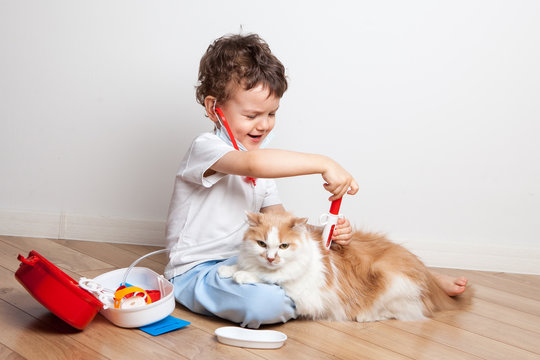 little boy, kid plays doctor with a cat. First aid kit is lying on the floor with medical first aid tools. A child injects a cat with a toy syringe. Friendship with animals.