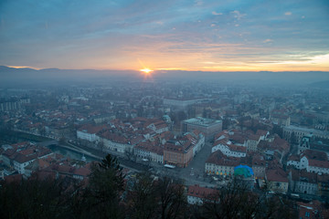 Fototapeta na wymiar Panorama of Ljubljana in Slovenia during Sunset