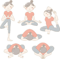 ヨガ　女性　ポーズ　セット　立ち木　瞑想　合蹠　真珠貝　鳩