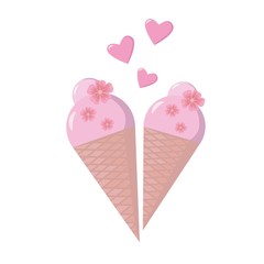 Cute ice cream and hearts. Isolated vector illustration for greeting card, valentines day, wedding invitation.