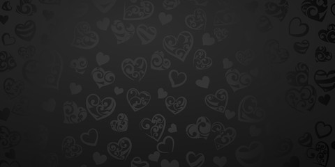 Background of big and small hearts with ornament of curls, in black colors