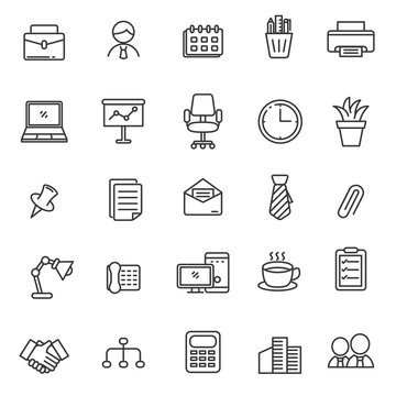 Set of office related icons in thin line design isolated on white background 