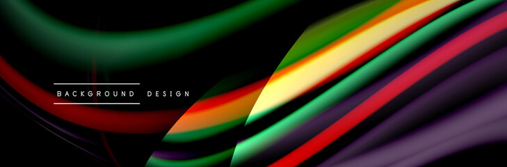 Сolorful flow poster. Wave liquid lines and shapes in black color background. Vector Illustration