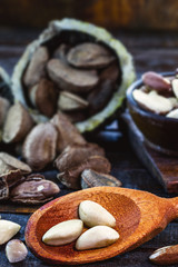 peeled Brazil nut. Brazil nuts, rustic wood background. The Chestnut is the seed of the chestnut tree of Pará, a tree of the Lecythidaceae botanical family, grown in Latin America in the Amazon region