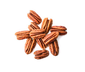 Pecan Nut Halves. Isolated on white background. Directly Above.