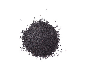 Heap of whole poppy seeds on white background