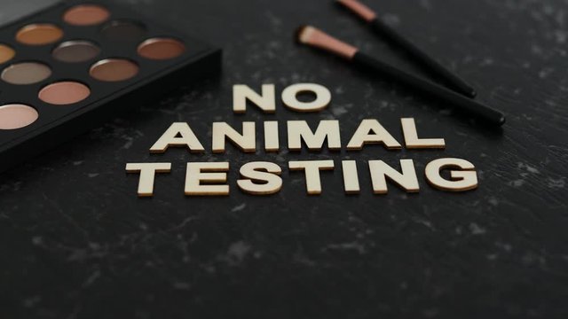 cruelty-free beauty concept, No Animal Testing message among make-up brushes and eyeshadow palette on black marble desk and camera panning vertically