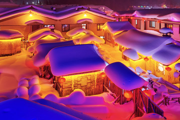 Fototapeta na wymiar The beautiful night landscape of China Snow Town.