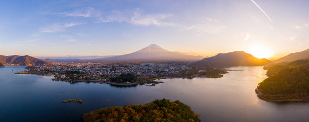 Panorama Aerial view of Kawaguchiko Lake,Fuji Mountain,Japan
