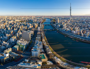 Panorama. Aerial view Sunrise of Tokyo City Skyline; Japan