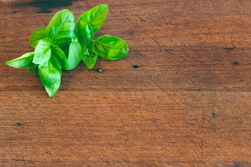 Fresh green basil leaves on a rustic timber chopping block in a flat lay with space for text