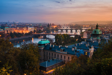 View Over Straka Academy to the Bridges of Prague on Sunset