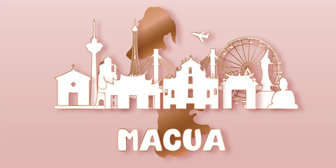 Naklejka premium Macau Travel postcard, poster, tour advertising of world famous landmarks in paper cut style. Vectors illustrations