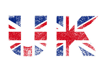 United Kingdom flag in letters, vintage British Union Jack, Great Britain grunge flag, UK text, isolated on white background, vector illustration.