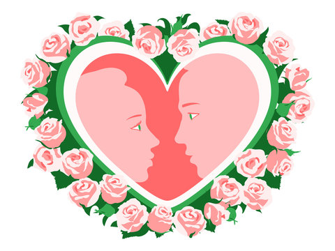 Couple in love.  silhouettes of lovers inside the heart. Romantic vector illustration