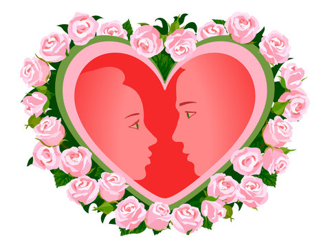 Couple in love.  silhouettes of lovers inside the heart. Romantic vector illustration