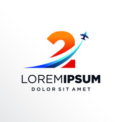 Initial Number 2 with Plane or Travel Logo Design