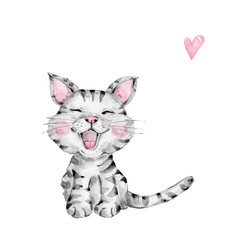 Fototapeta na wymiar Cute little grey cat and pink heart; watercolor hand draw illustration; with white isolated background