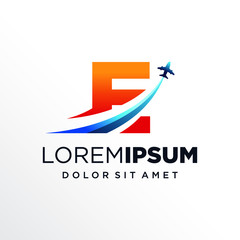 Obraz premium Initial Letter E with Plane or Travel Logo Design