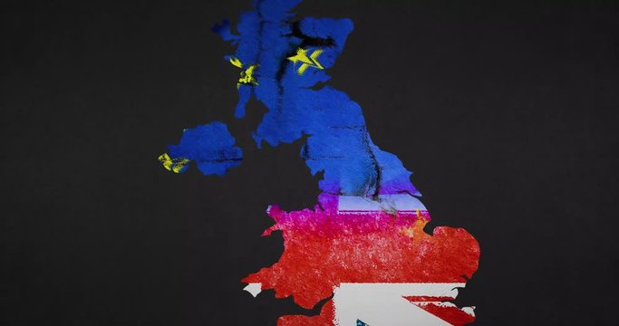 Animation to demonstrate the uncertainty of Brexit. A Three dimensional map of the UK with an EU flag animates to reveal the union jack before looping back to its starting point.