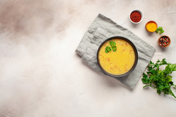 Lentil soup (Masoor Dal or Dal Tadka Curry). Indian national dish. Top view.