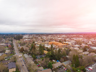 A photo of Beaverton, Oregon, USA, at sunset, a suburb. A photo from a height
