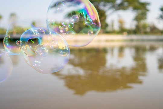 Floating soap bubbles at the lake, use for background.