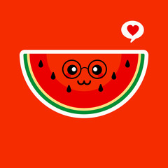 Cute watermelon cartoon illustration, kawaii cartoon slices of watermelon. healthy food cartoon. Isolated Citrullus lanatus emoji colorfull illustration