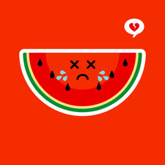 Cute watermelon cartoon illustration, kawaii cartoon slices of watermelon. healthy food cartoon. Isolated Citrullus lanatus emoji colorfull illustration