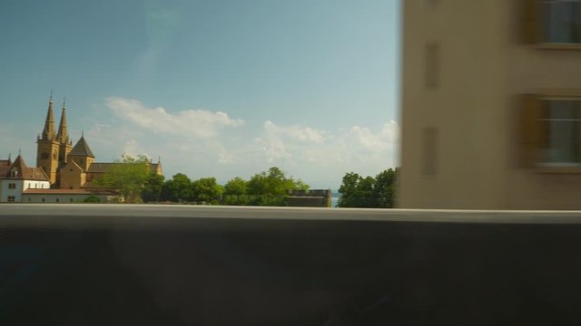 day time geneva city train road trip passenger side window pov panorama 4k switzerland 