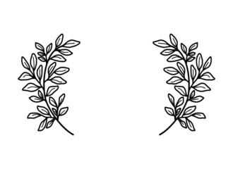 Hand drawn black and white floral bracket or frame elements with natural leafs and branch