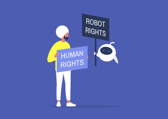 Human vs Robot rights, Cartoon characters holding protest signs, Artificial intelligence, machine learning ethics