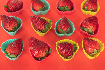 Strawberries in colorful heart shaped plastic molds close up on red background, view from above