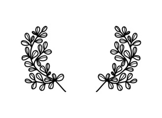 Hand drawn black and white floral bracket or frame elements with natural leafs and branch