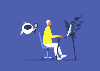 Privacy violation in the office, a robot spying on a young male manager at work, human rights