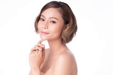 Portrait beautiful young asian woman clean fresh bare skin concept. Asian girl beauty face skincare and health wellness, Facial treatment, Perfect skin, Natural makeup, on white background,two