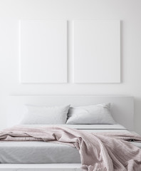 Mockup poster in bedroom, Scandinavian style, 3d render