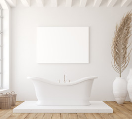 Mockup poster in minimalist white bathroom interior, 3d render - obrazy, fototapety, plakaty